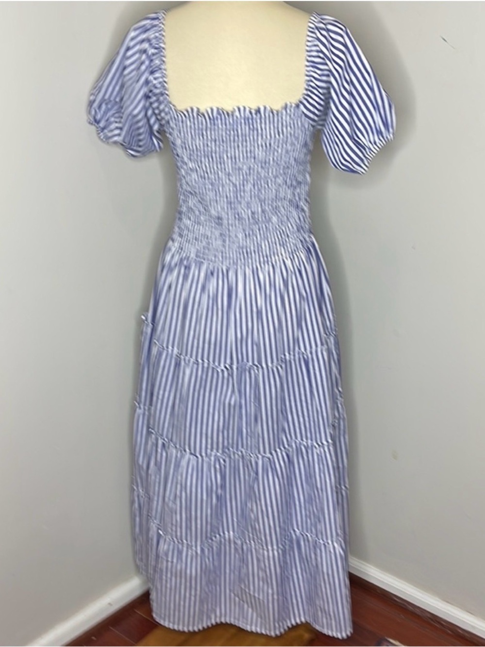 Maxwell & Geraldine Blue & White Striped Puff Sleeve Midi Dress